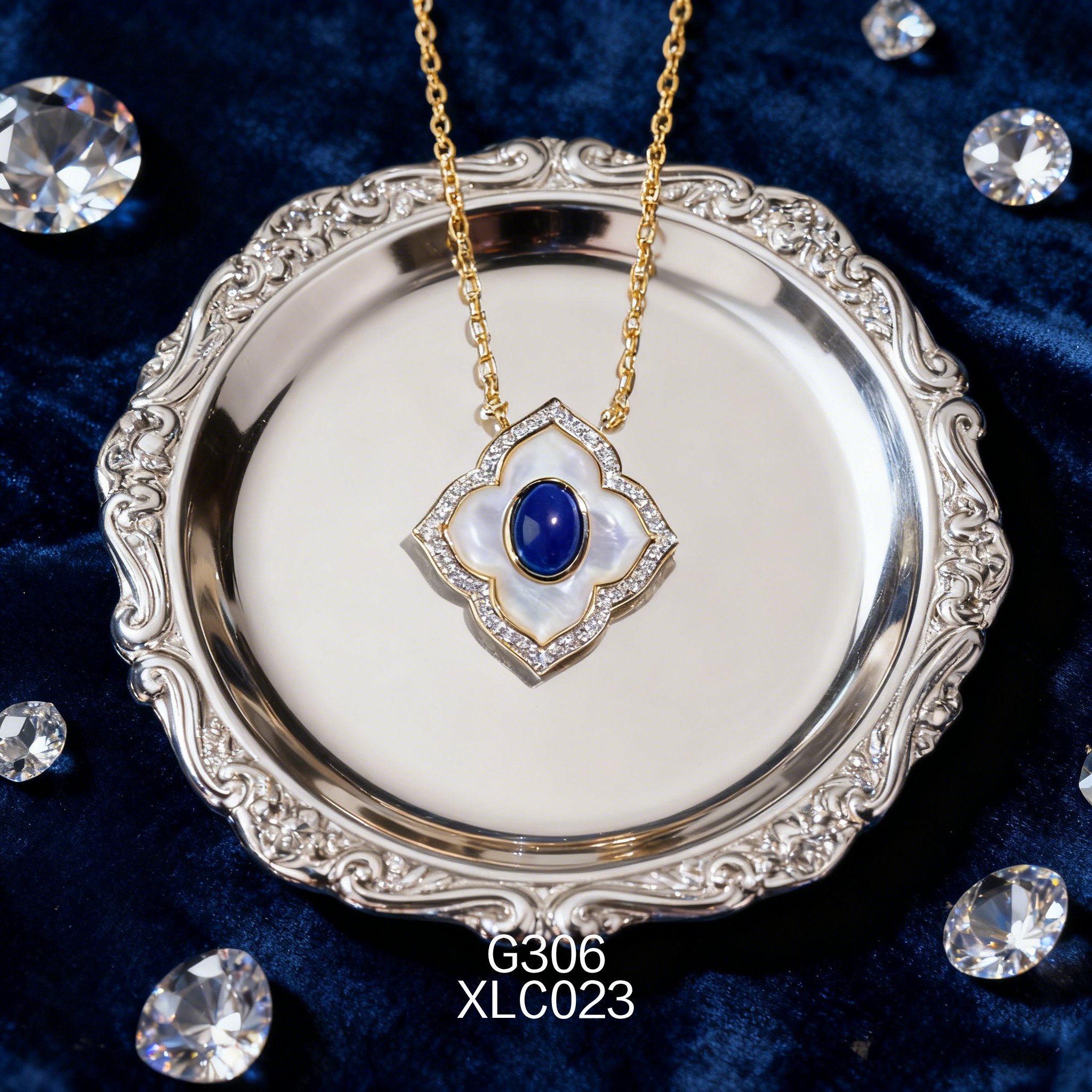 电镀黄金白贝幸运四叶草青金项链