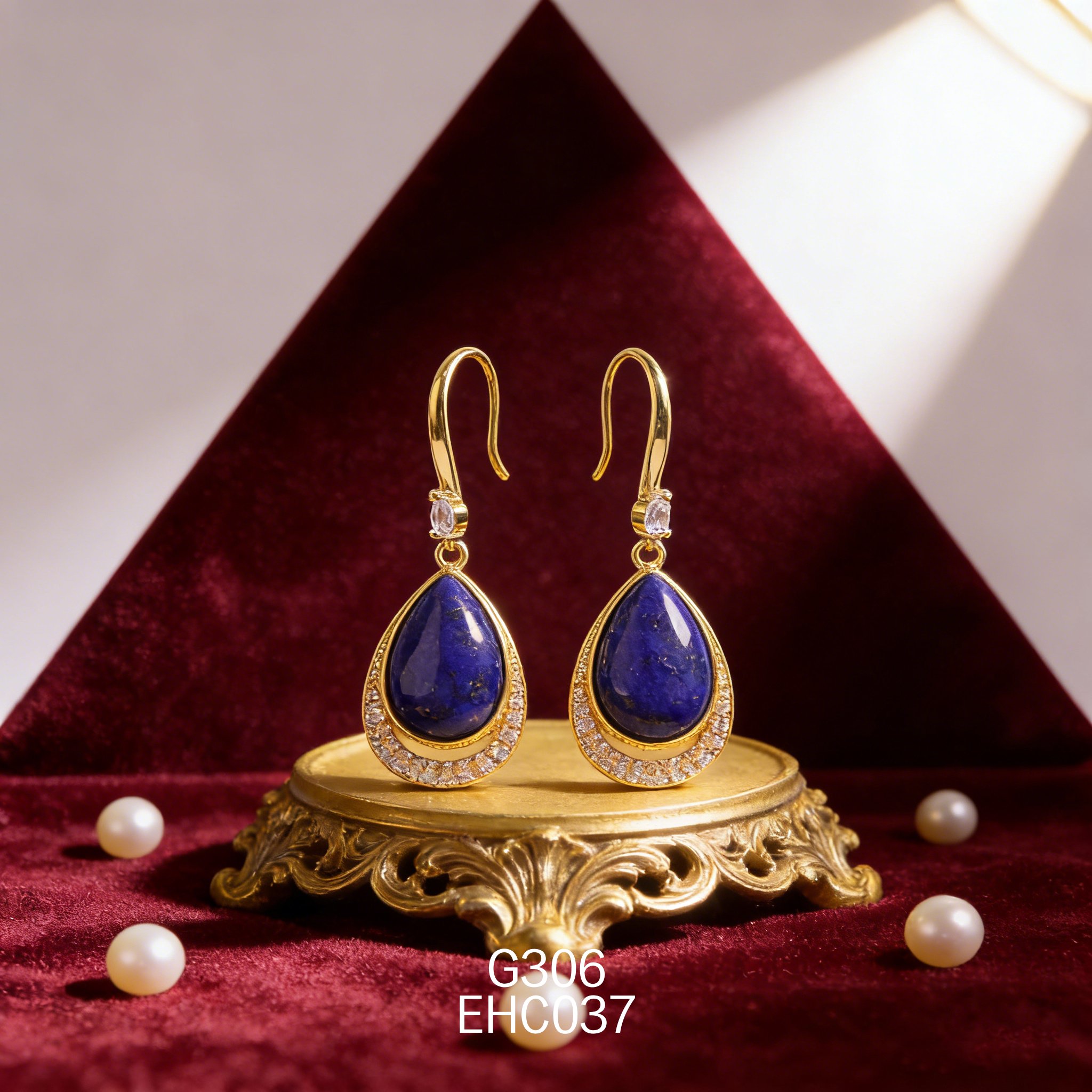 电镀黄金 11 x 16mm 水滴青金耳环