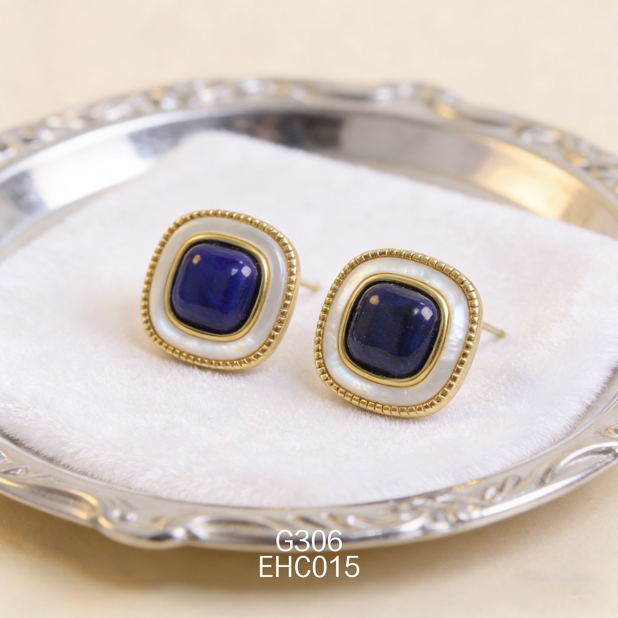 电镀黄金青金白贝方糖耳环