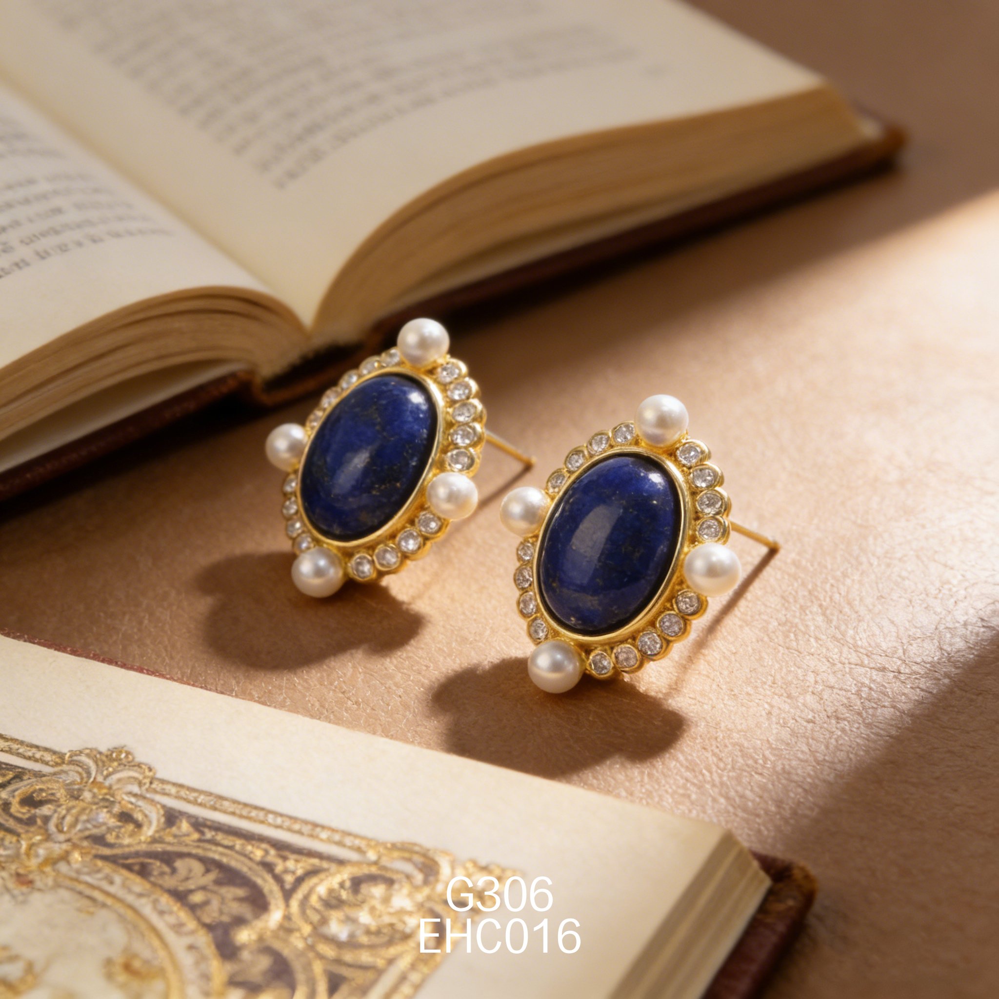 电镀黄金青金珍珠耳环