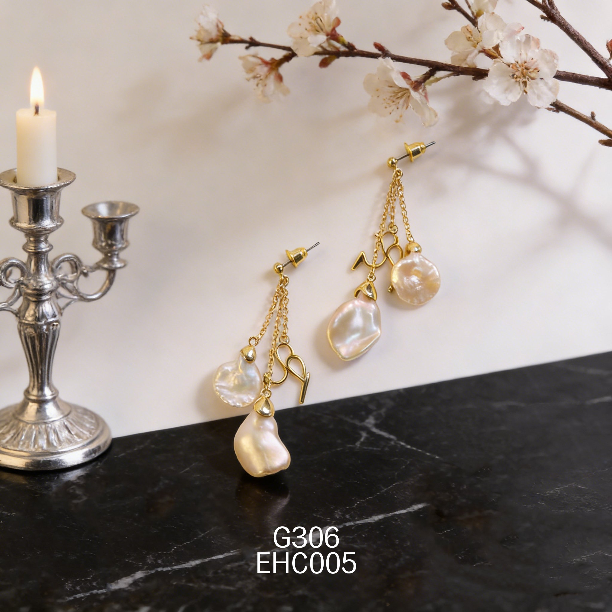 电镀黄金淡水奇形珍珠耳环