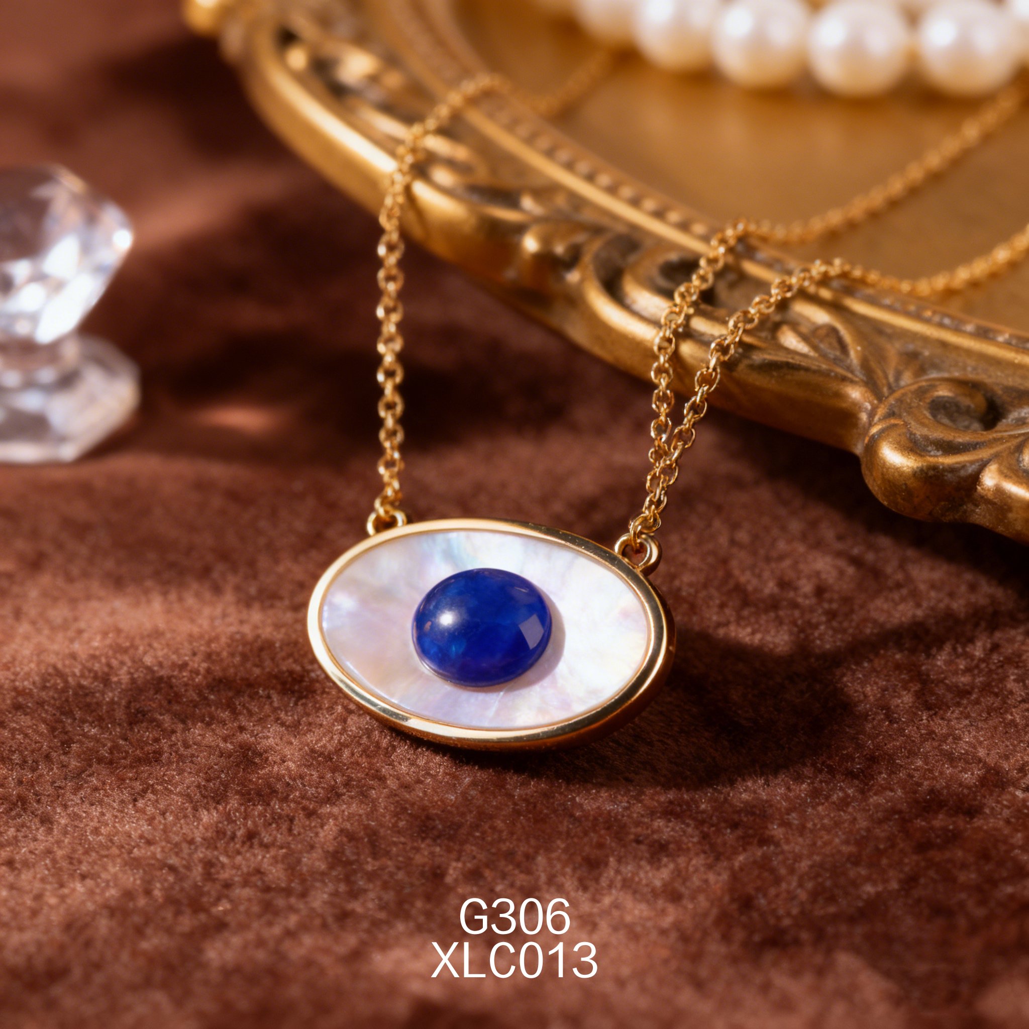 電鍍黃金白貝青金石橢圓項鍊