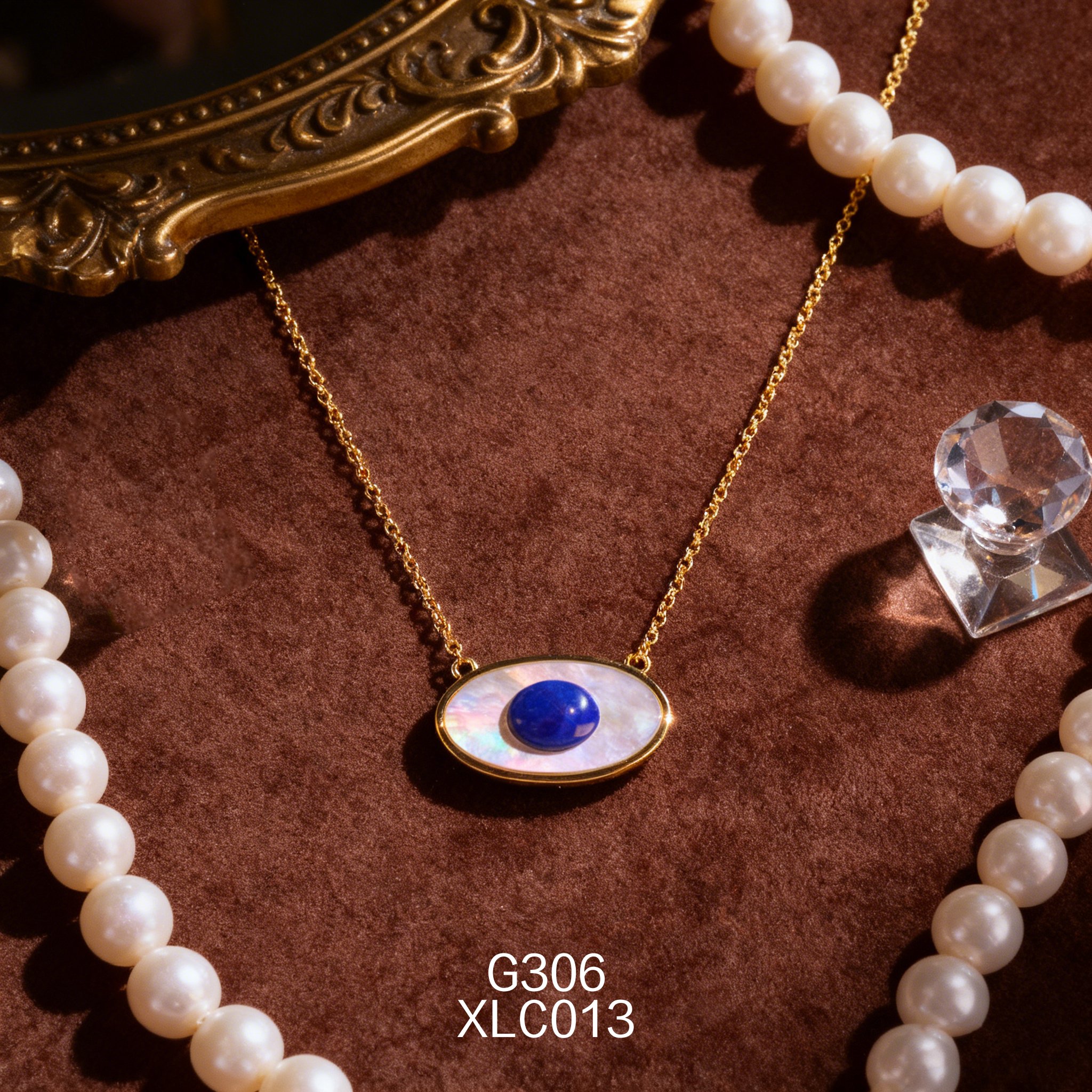 電鍍黃金白貝青金石橢圓項鍊