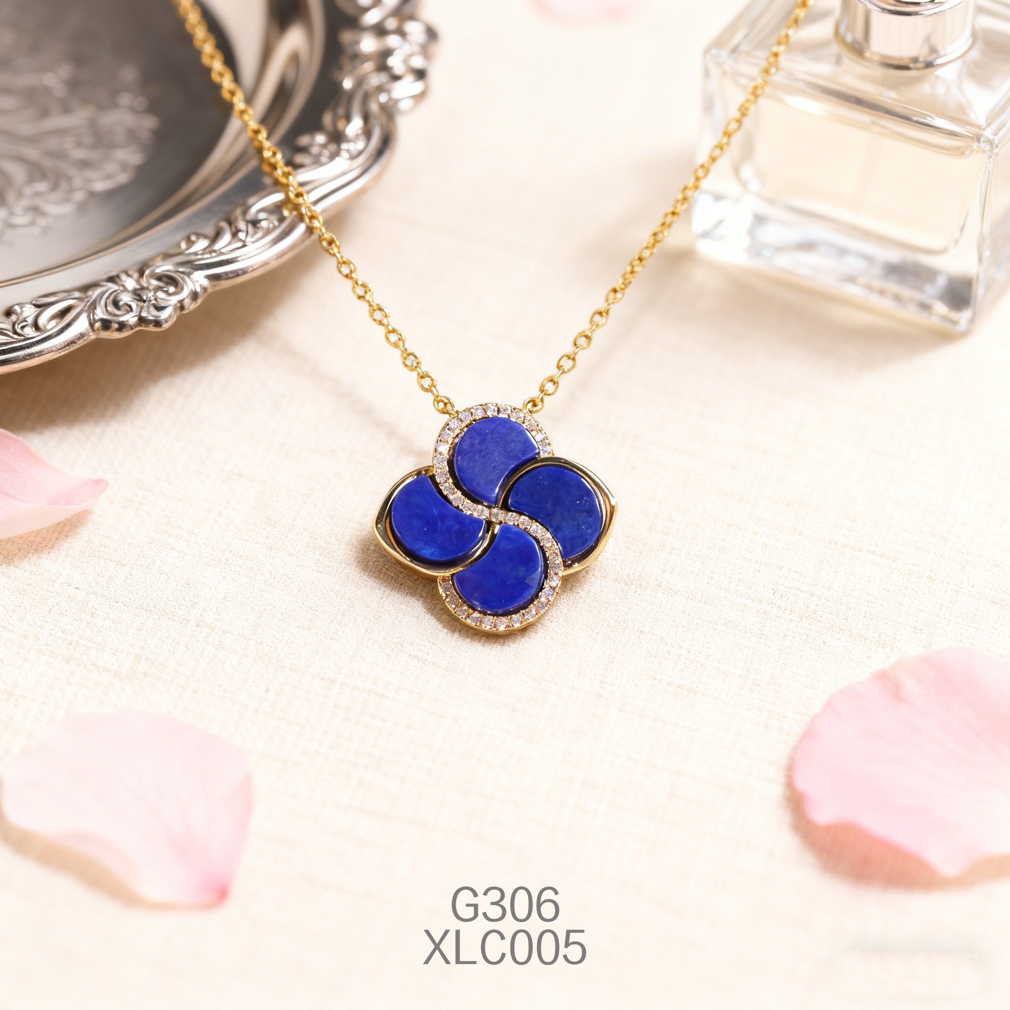 电镀黄金锆石四叶草青金项链