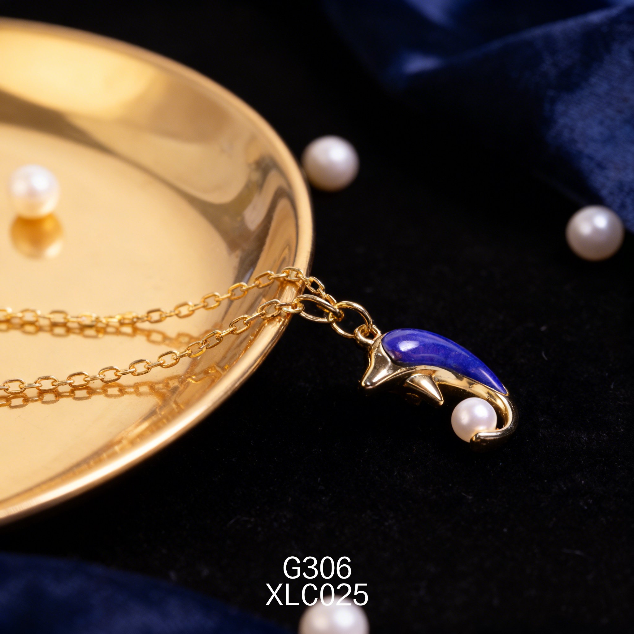 電鍍黃金 Akoya 5055mm 珍珠青金小海豚項鍊