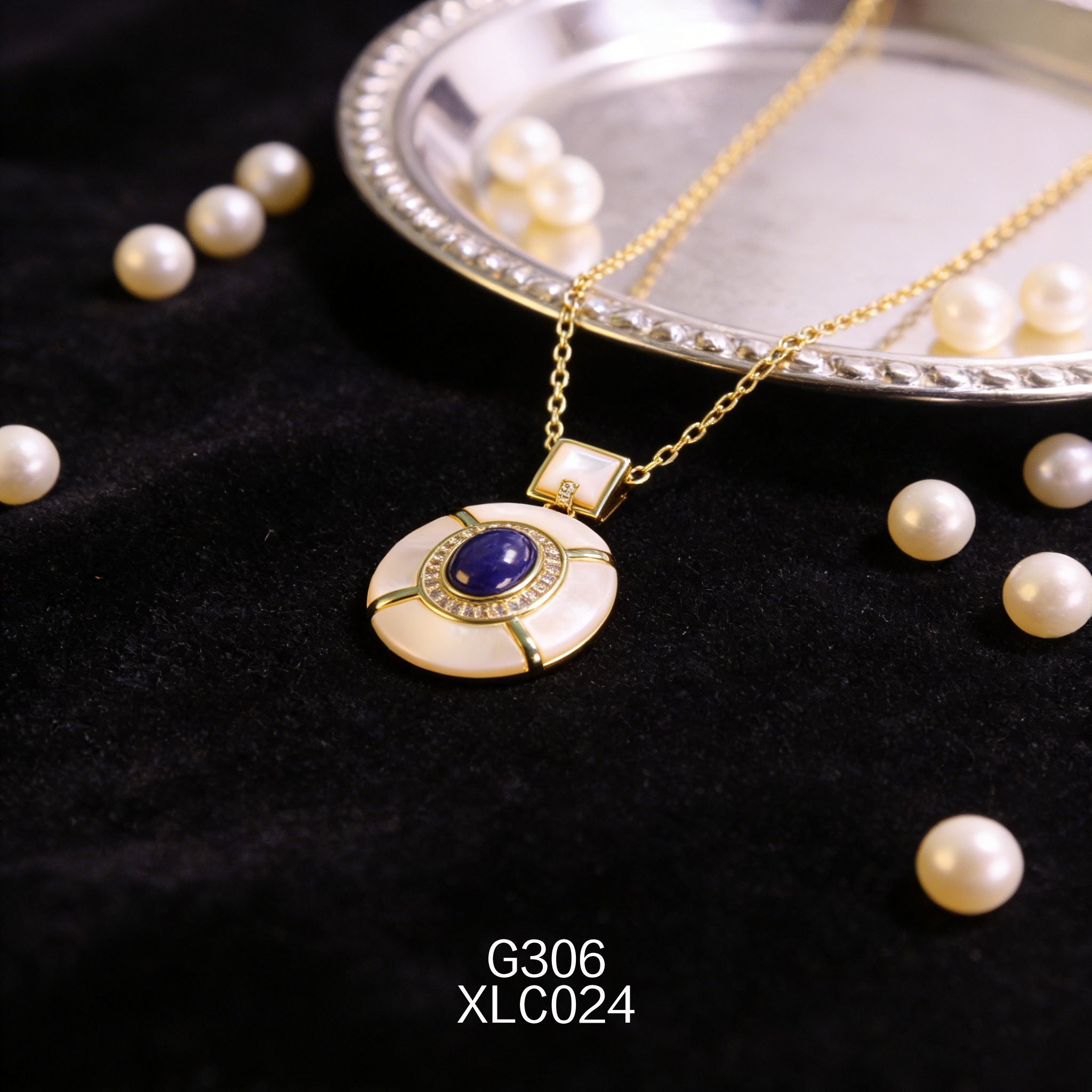 电镀黄金 7 x 9mm 青金石白贝小众项链