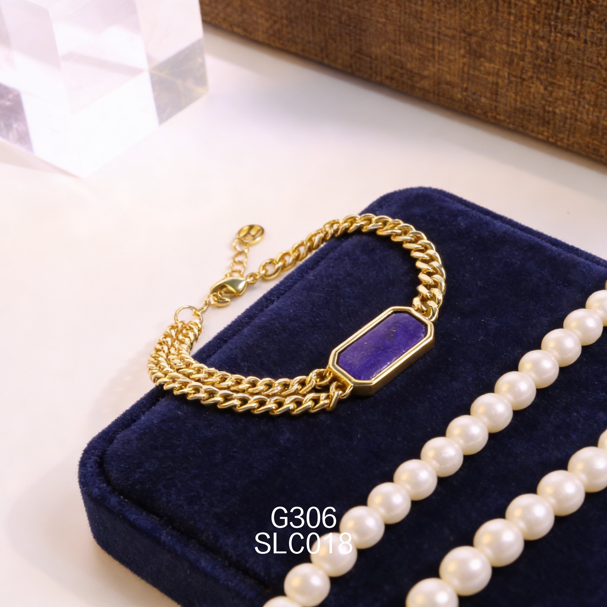 電鍍黃金長方形青金石手鏈