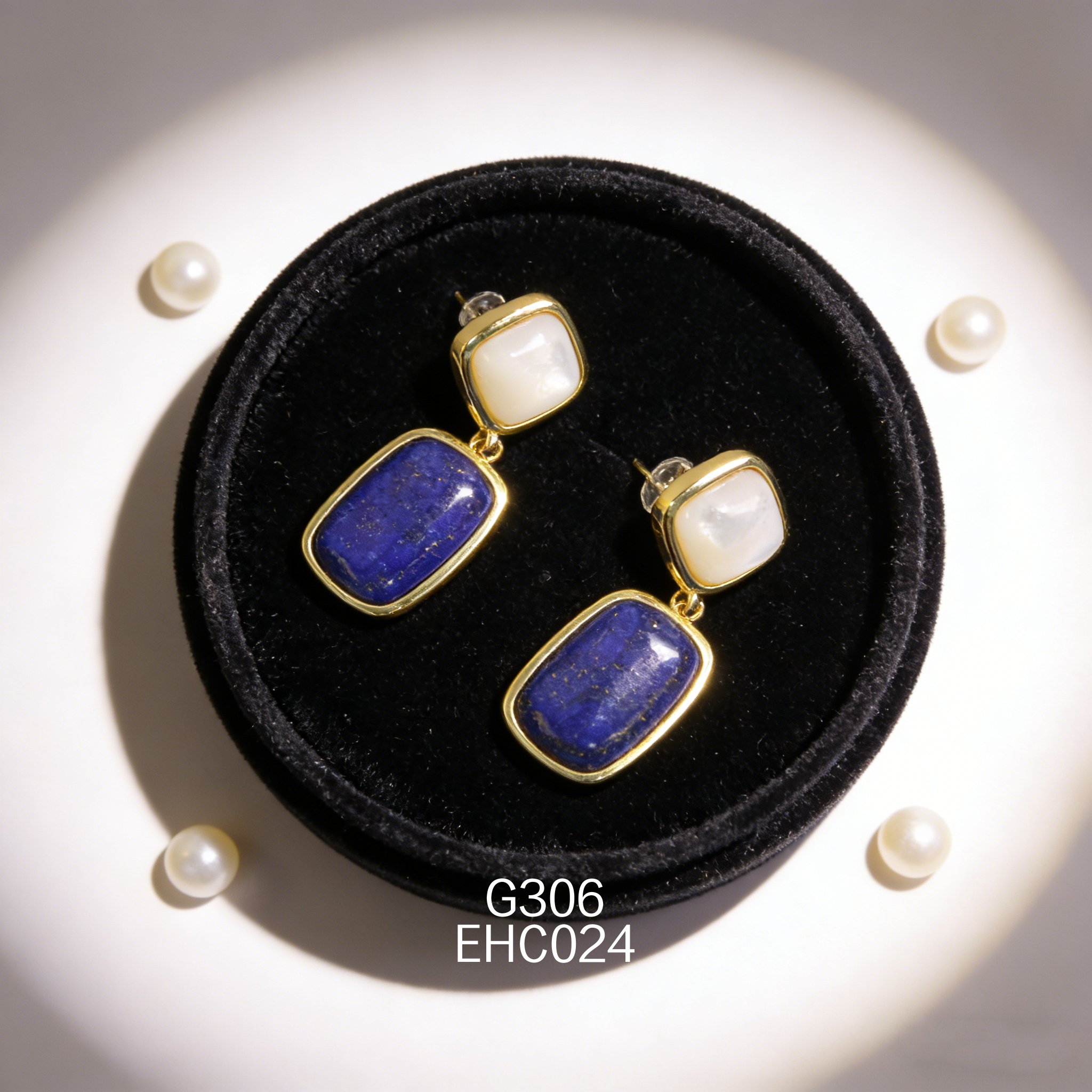 电镀黄金白贝 + 青金石封底耳环