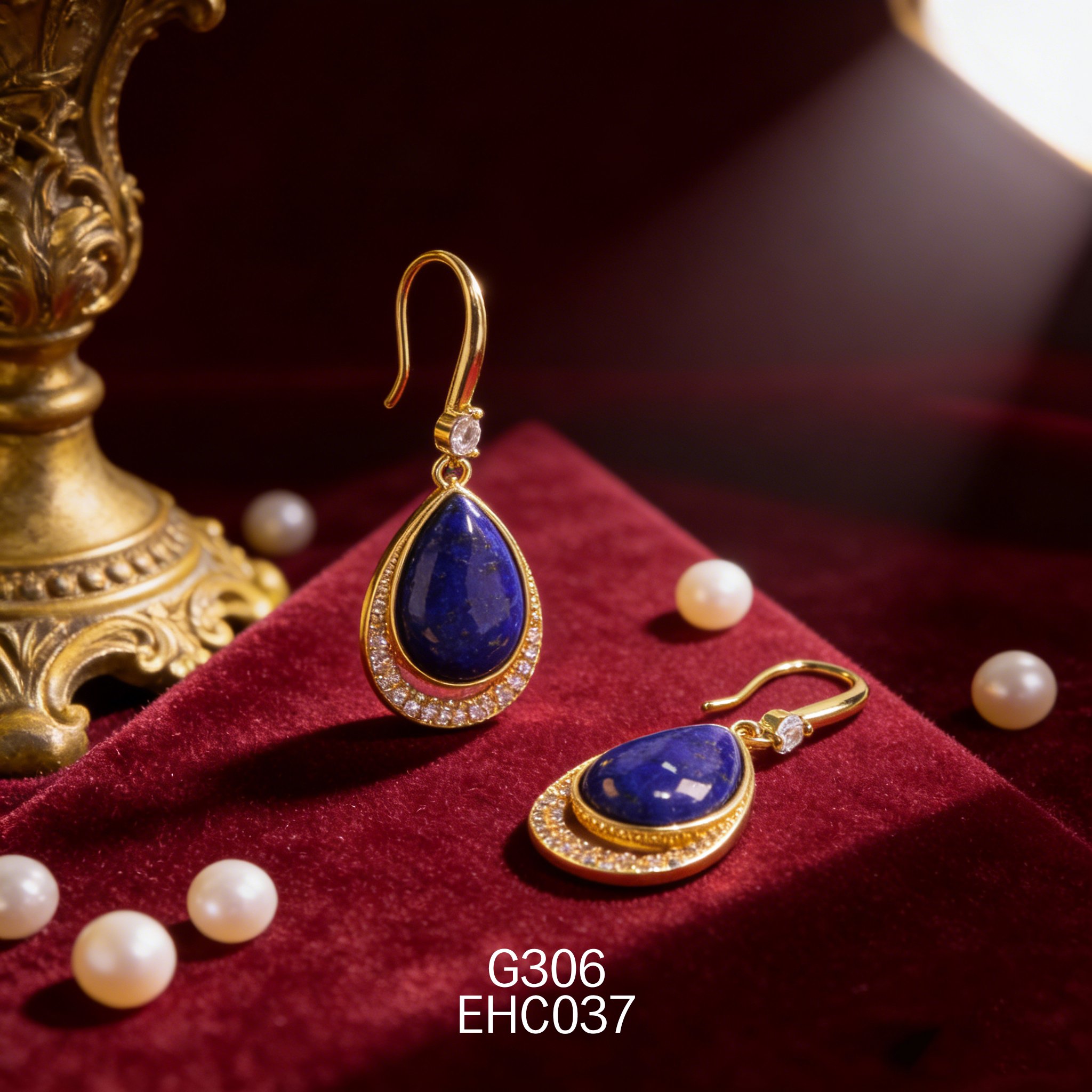 电镀黄金 11 x 16mm 水滴青金耳环