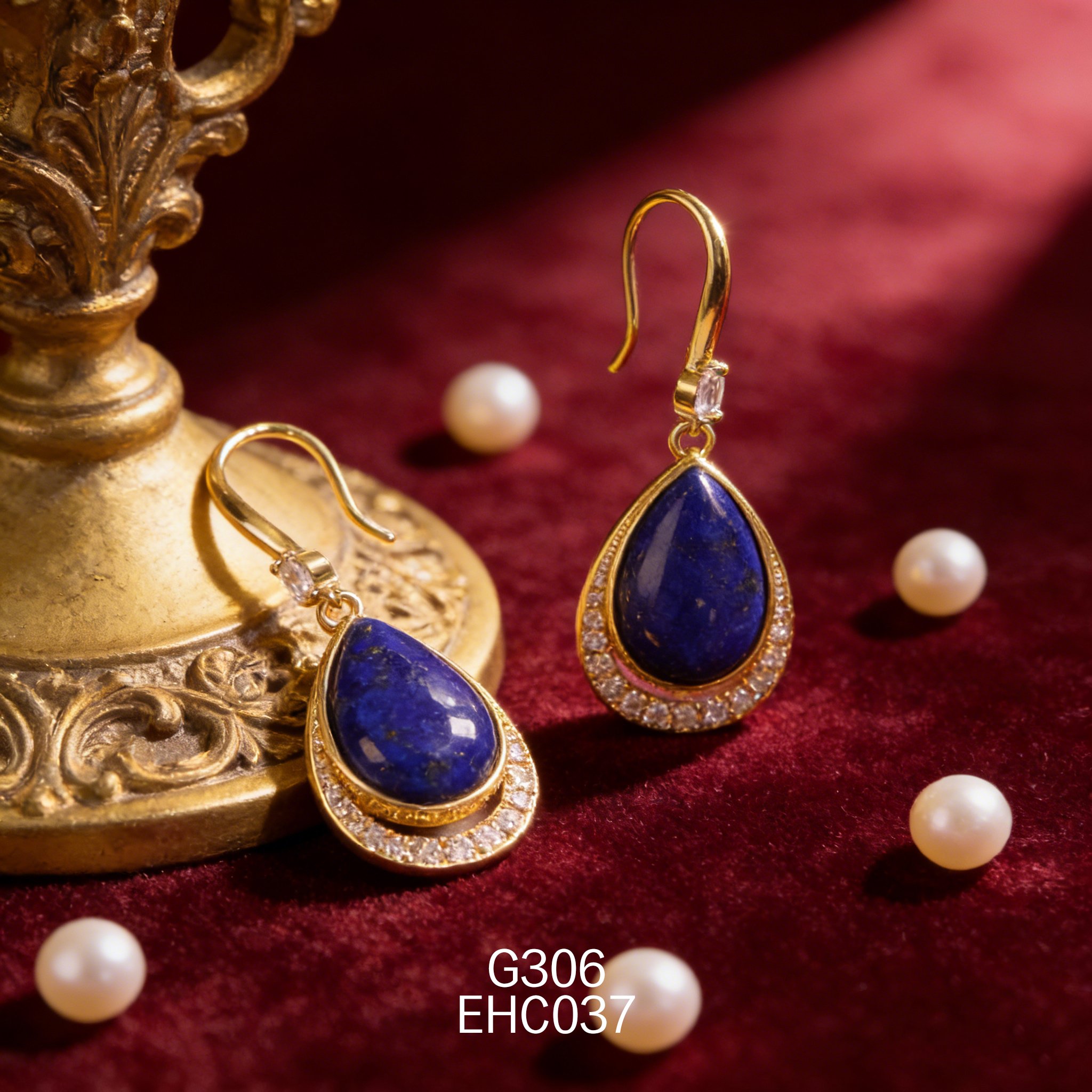 电镀黄金 11 x 16mm 水滴青金耳环