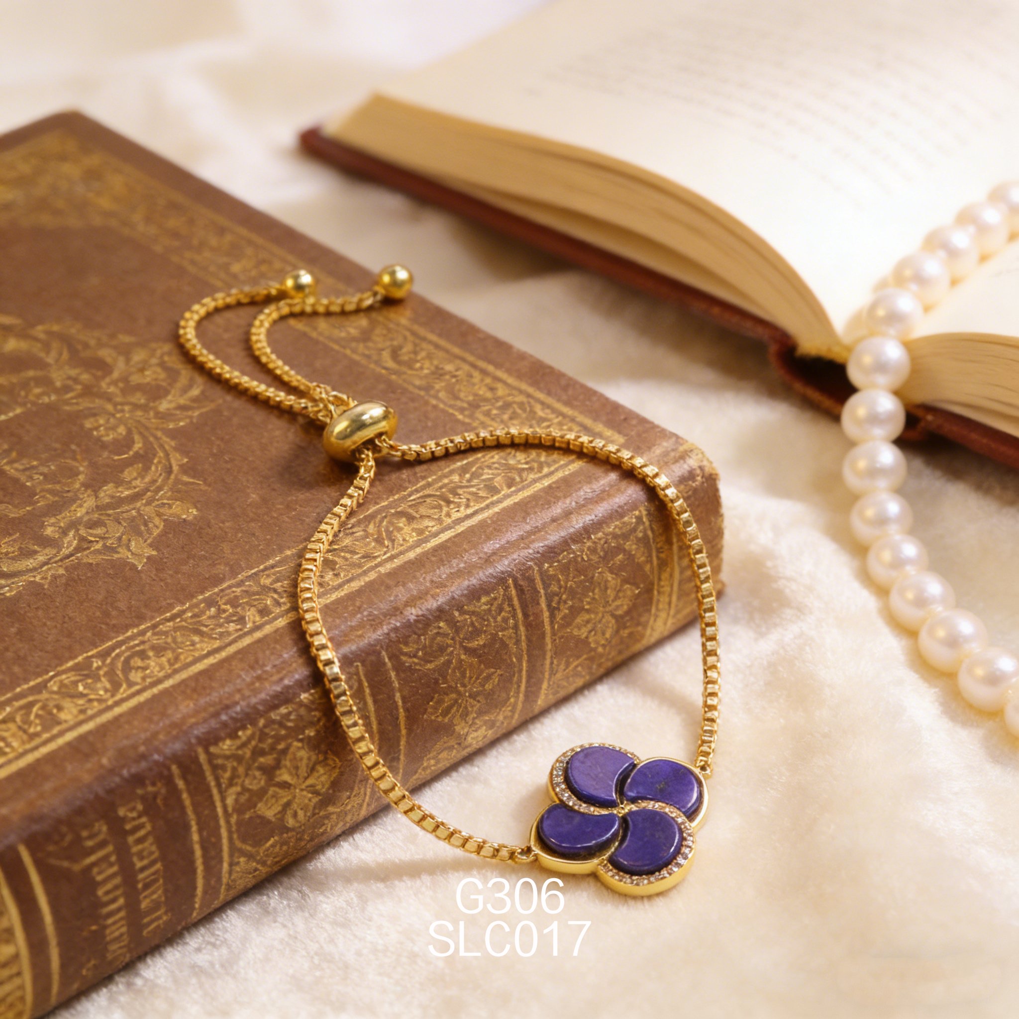 电镀黄金四叶草锆石青金手链