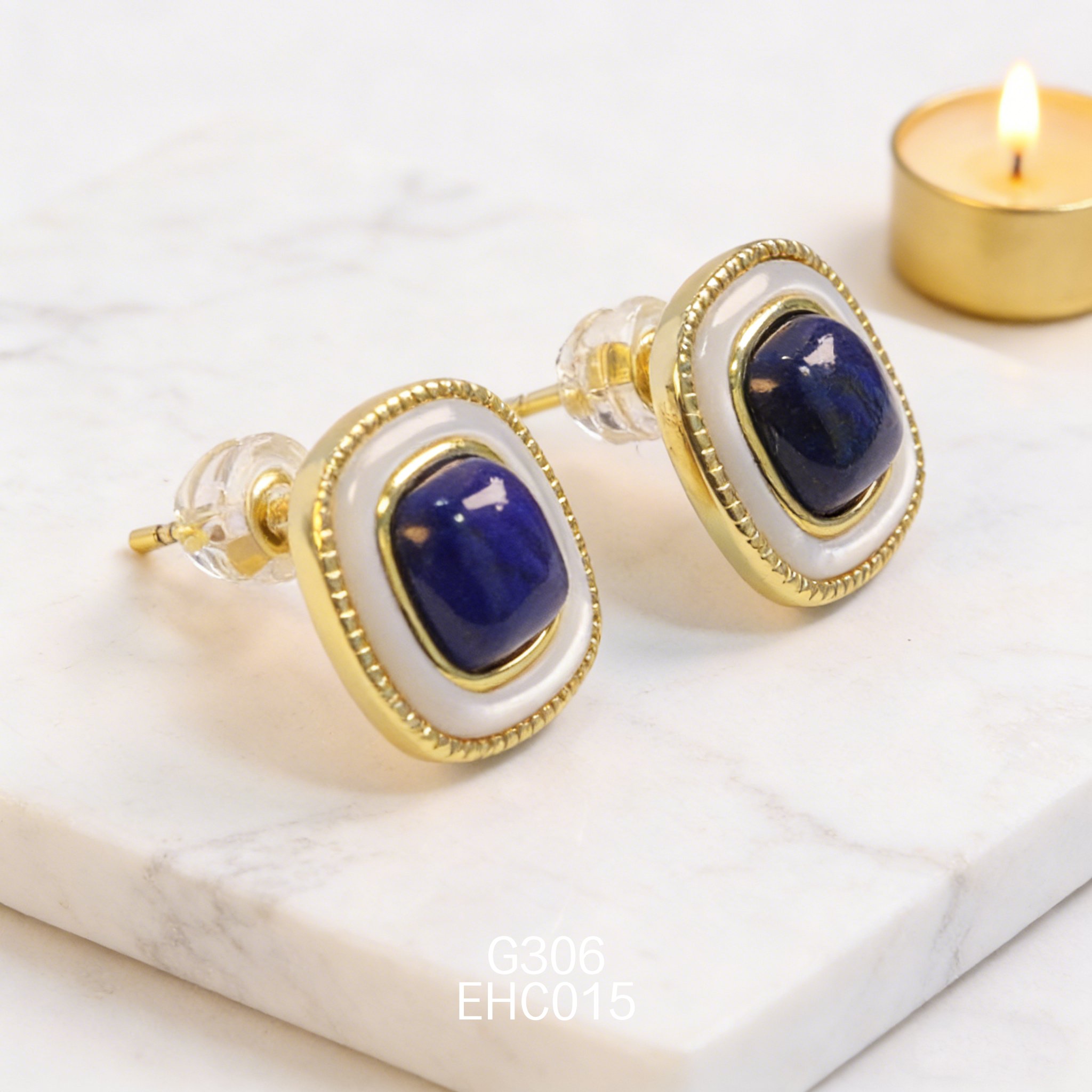 电镀黄金青金白贝方糖耳环