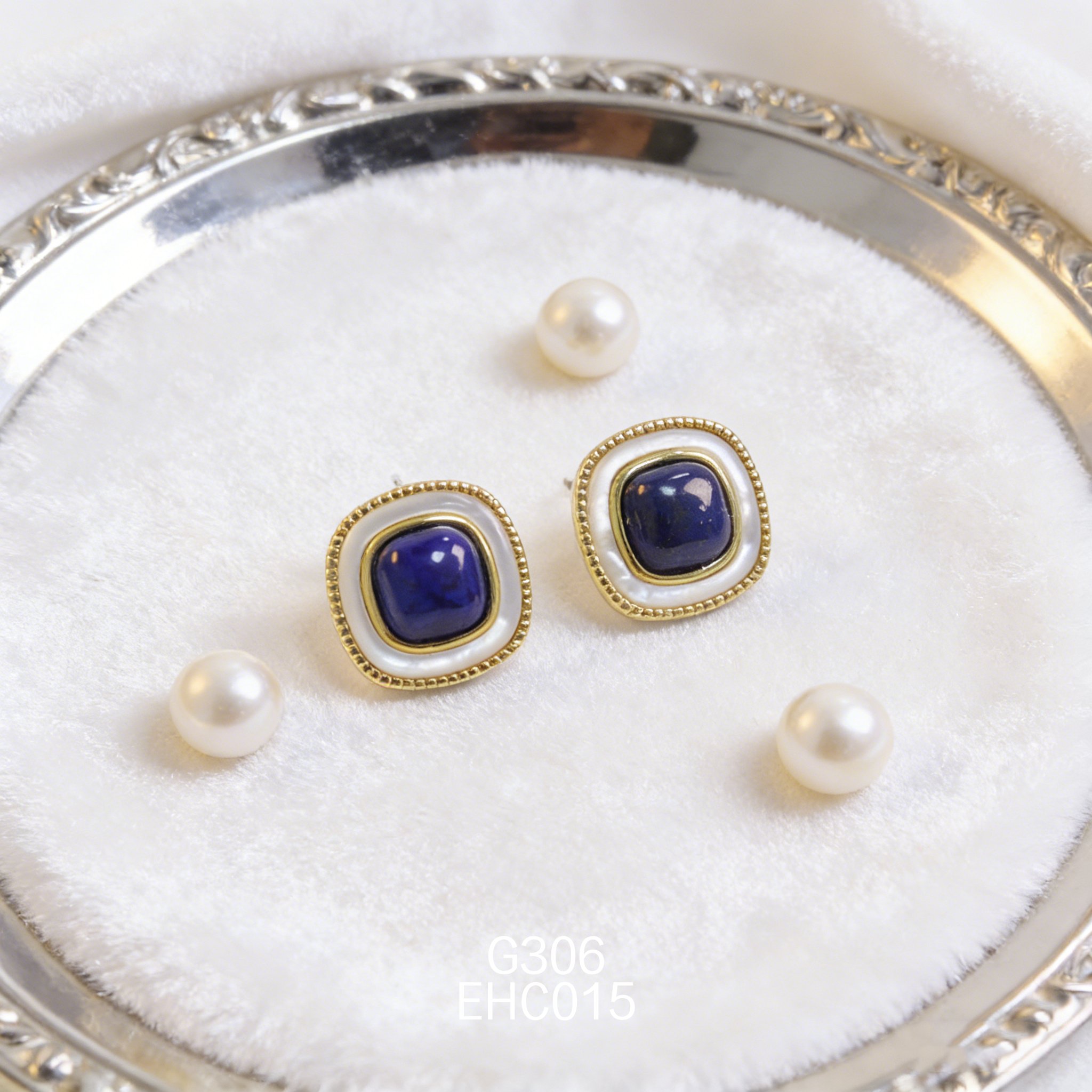 电镀黄金青金白贝方糖耳环