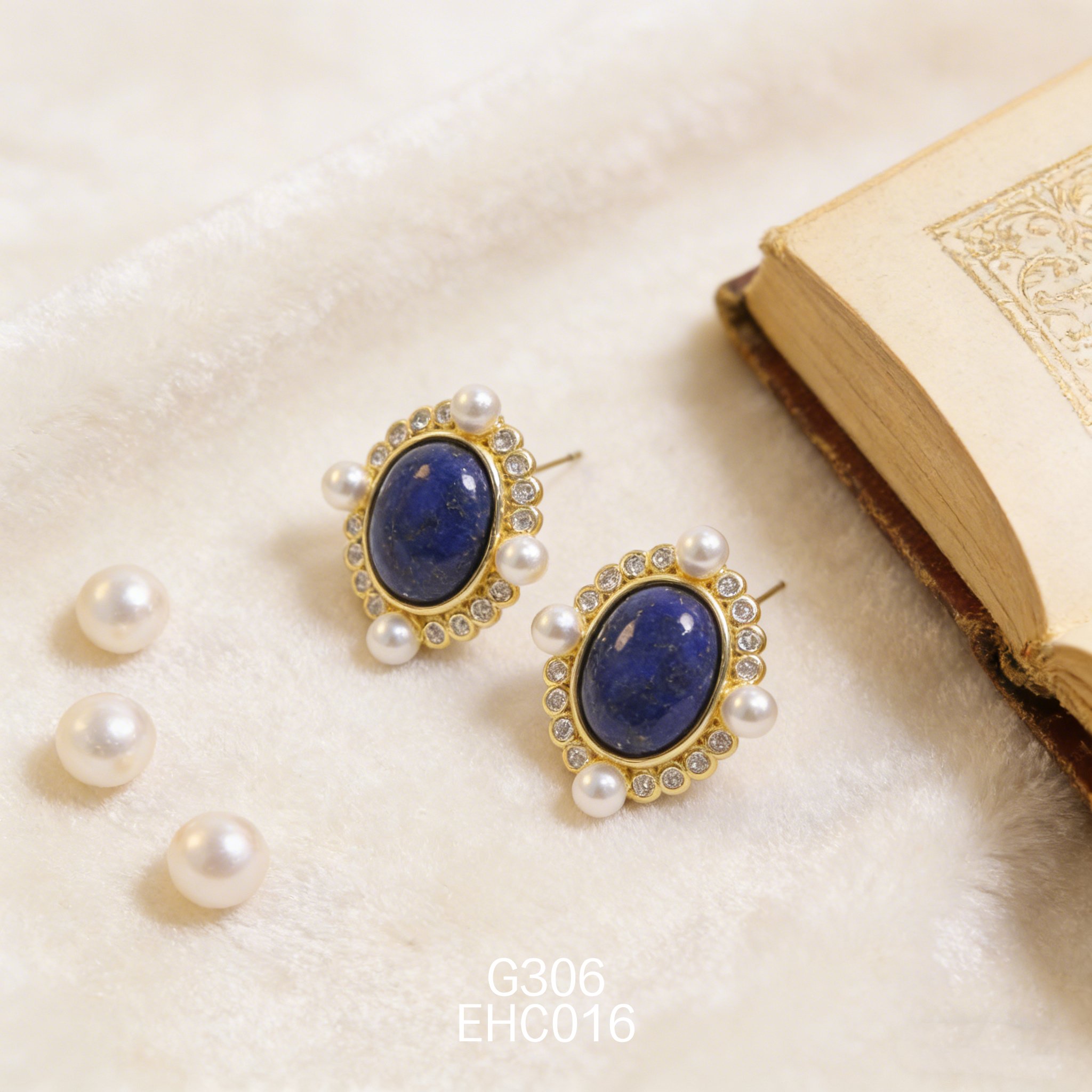 电镀黄金青金珍珠耳环