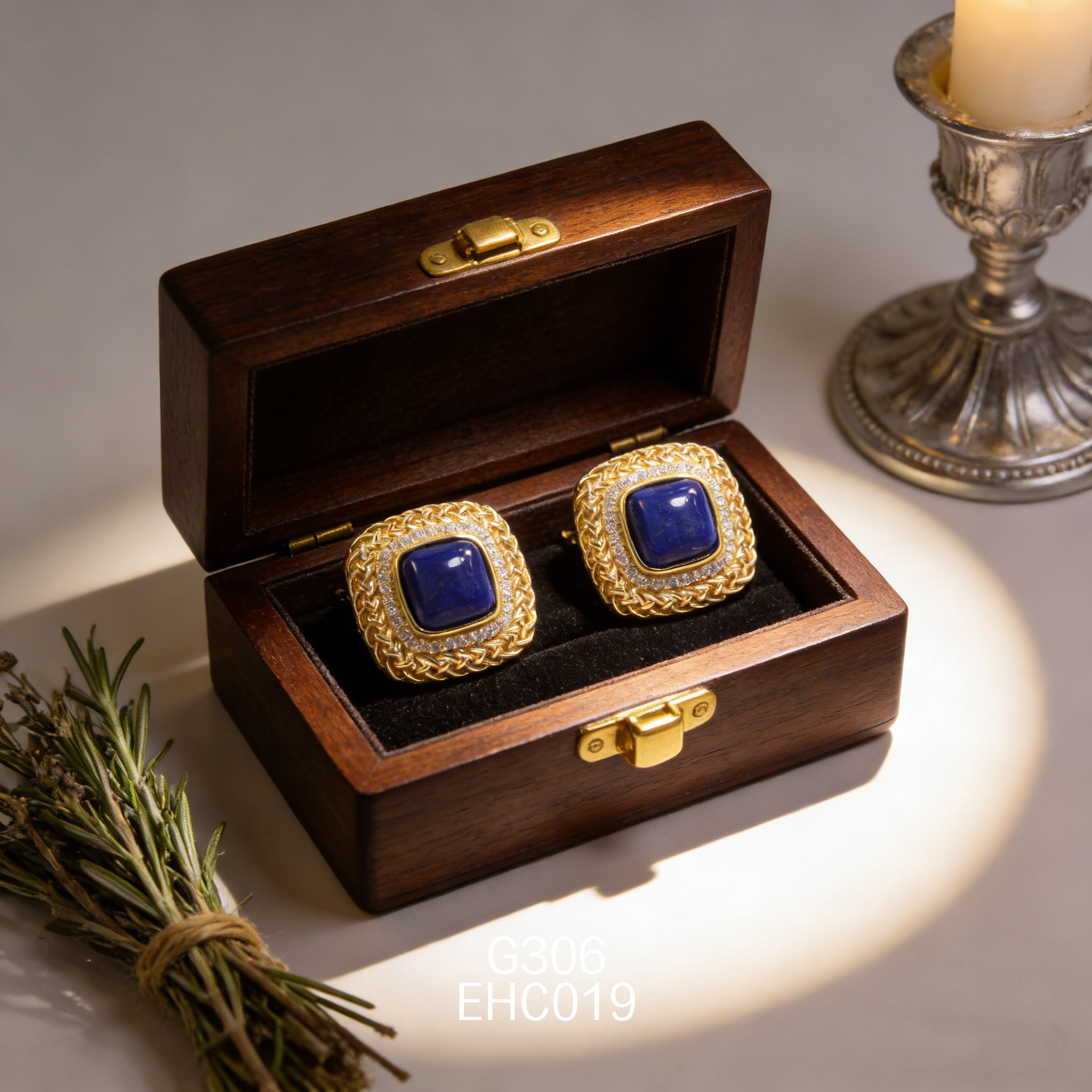 电镀黄金 8ｍm 锆石网纹青金石耳环