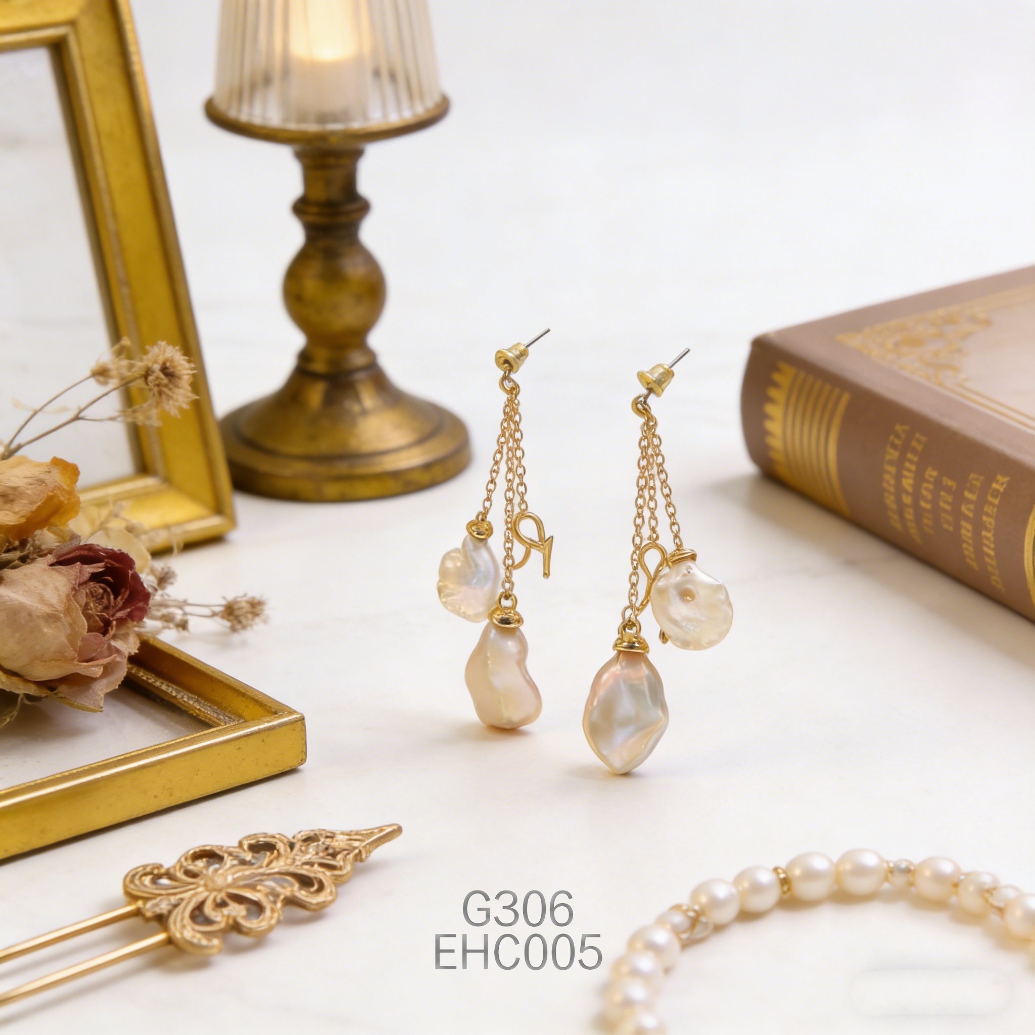 电镀黄金淡水奇形珍珠耳环