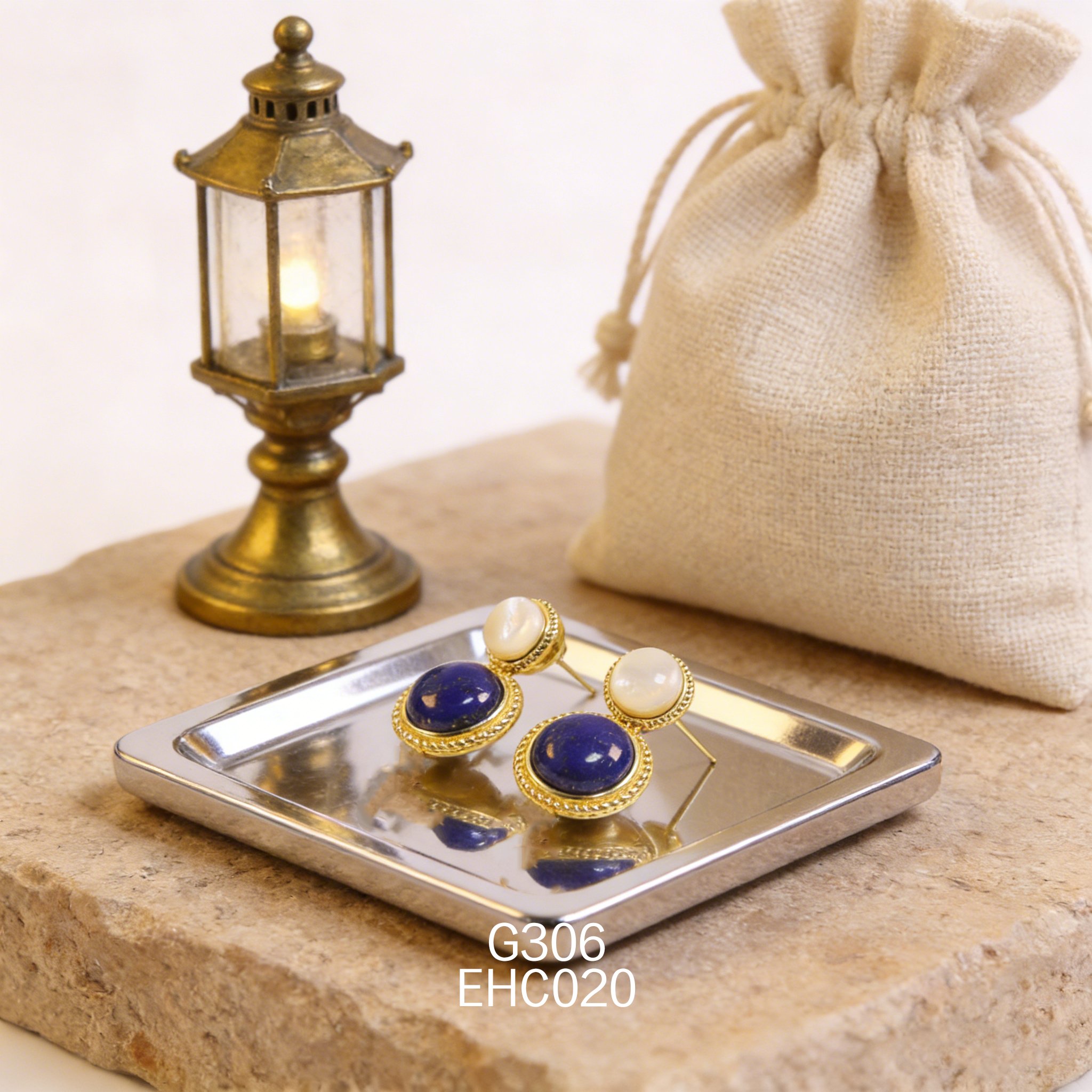 电镀黄金 7.5 白贝 12ｘ5mm 青金耳环