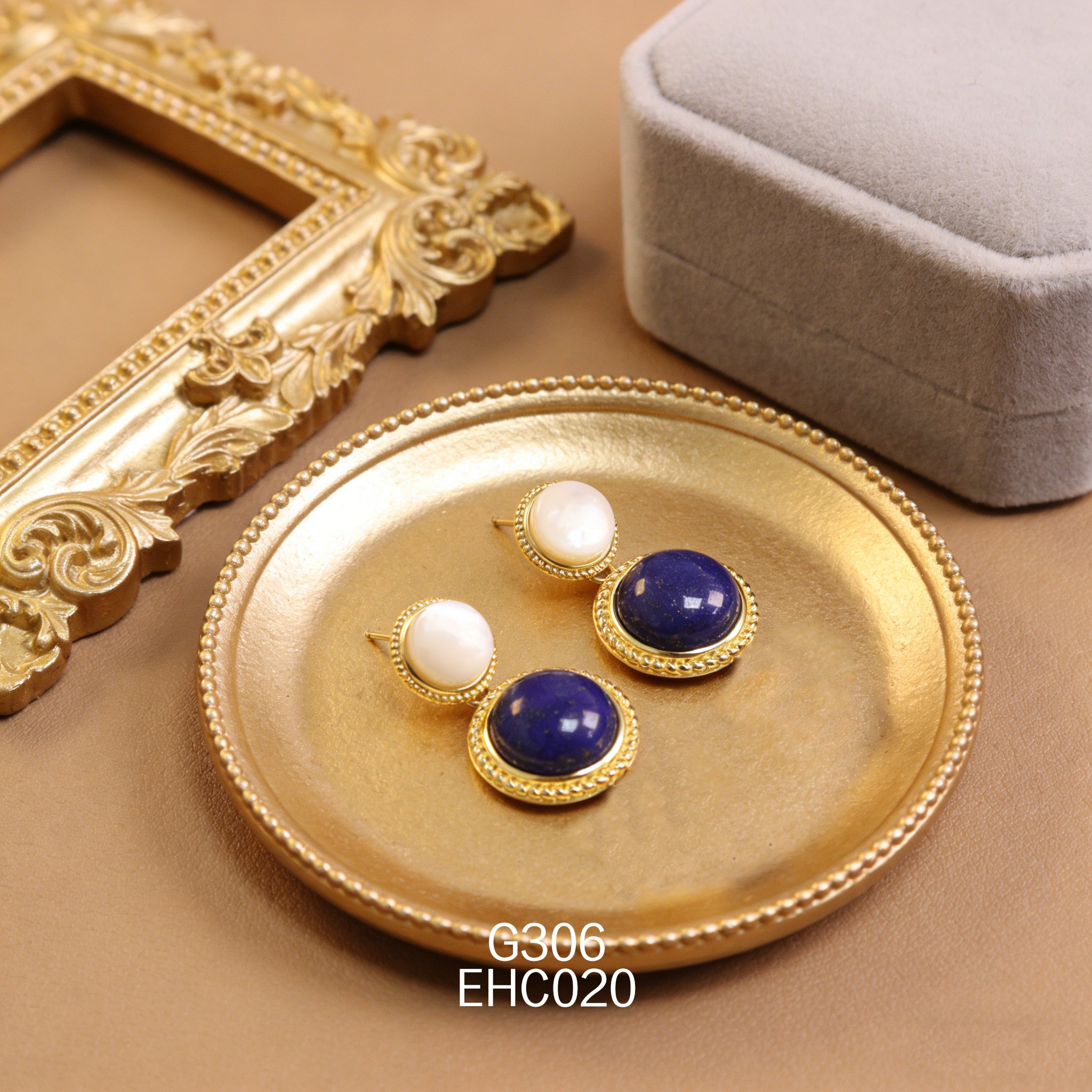 电镀黄金 7.5 白贝 12ｘ5mm 青金耳环