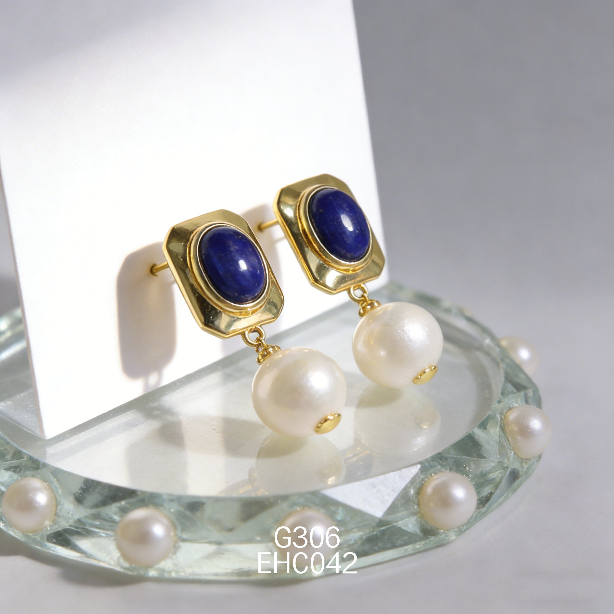 电镀黄金青金爱迪生珍珠耳环